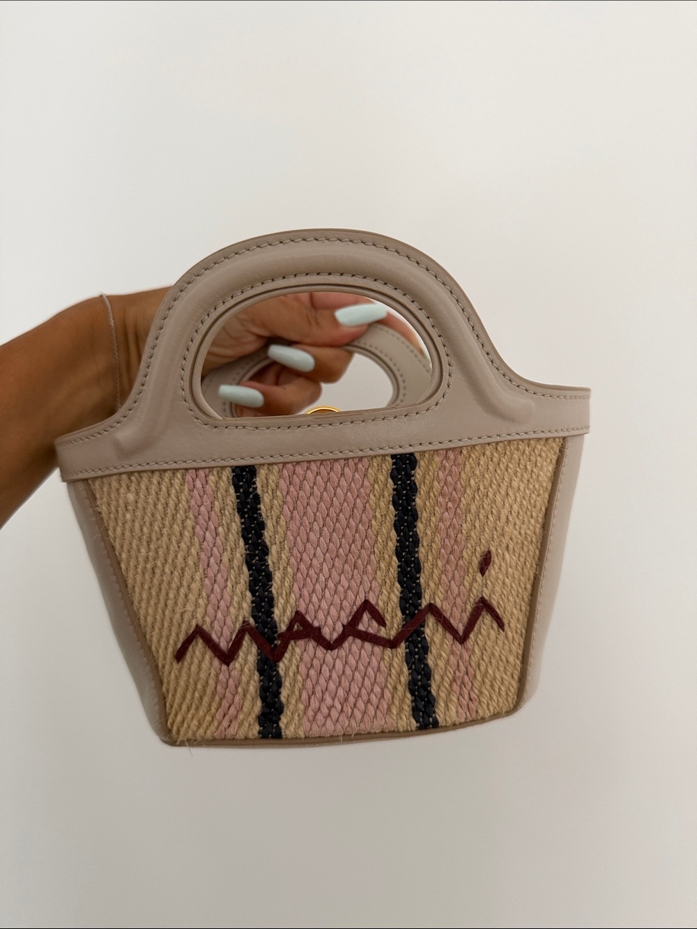 Marni tropicalia Straw Mini Tote with Beige Trim and Pink Stripes